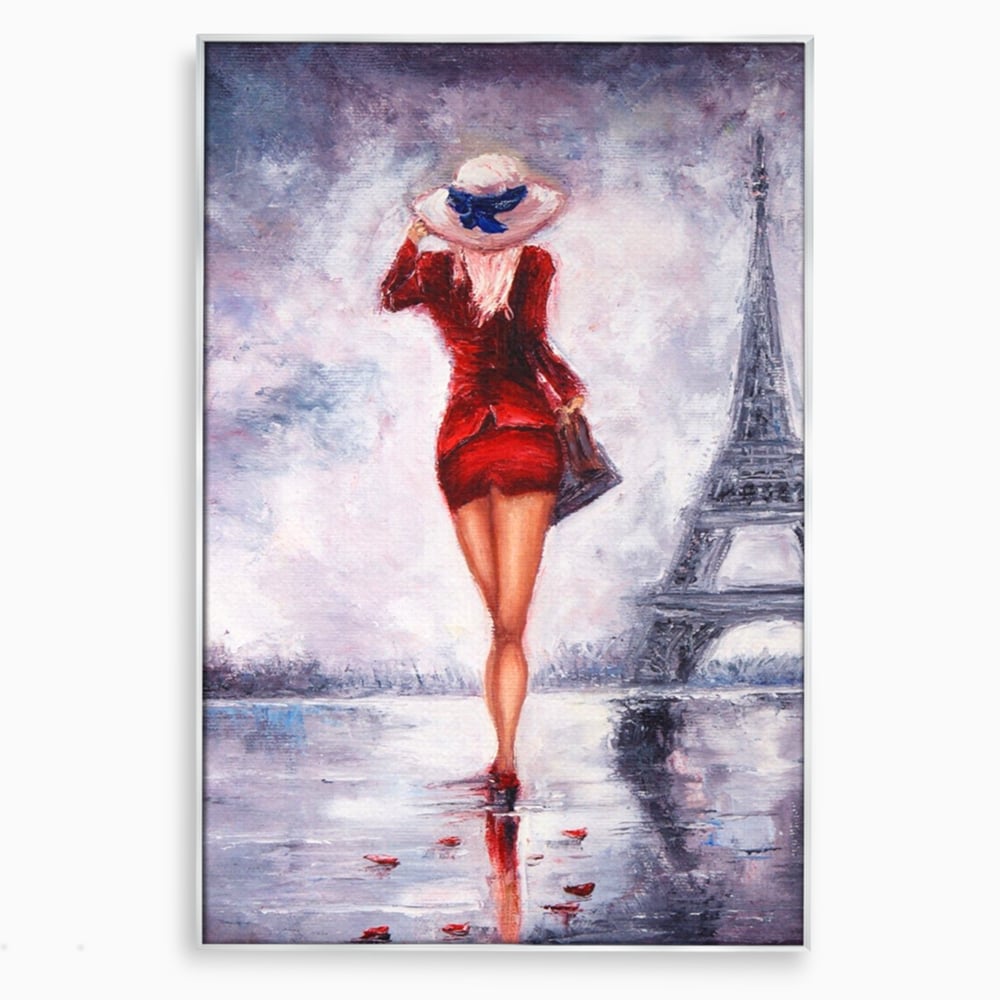 Tablou canvas cu pictura cu femeie in rochie rosie, in rama de aluminiu argintiu